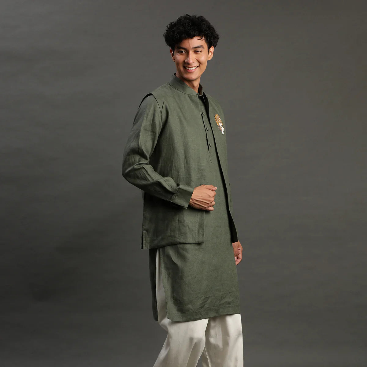 Navy Linen Kurta Pyjama Set for Men
