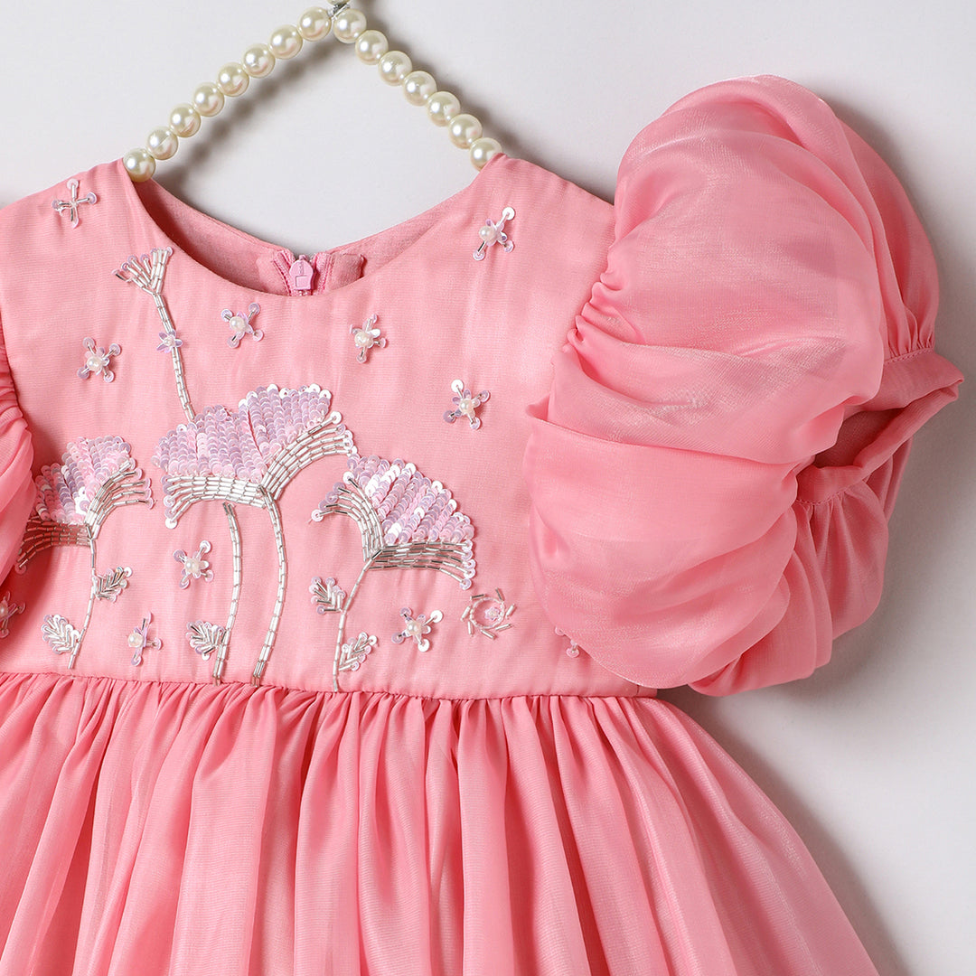 Baby Pink Tissue Girls Party Dress with Puff Sleeves & Floral Embroidery