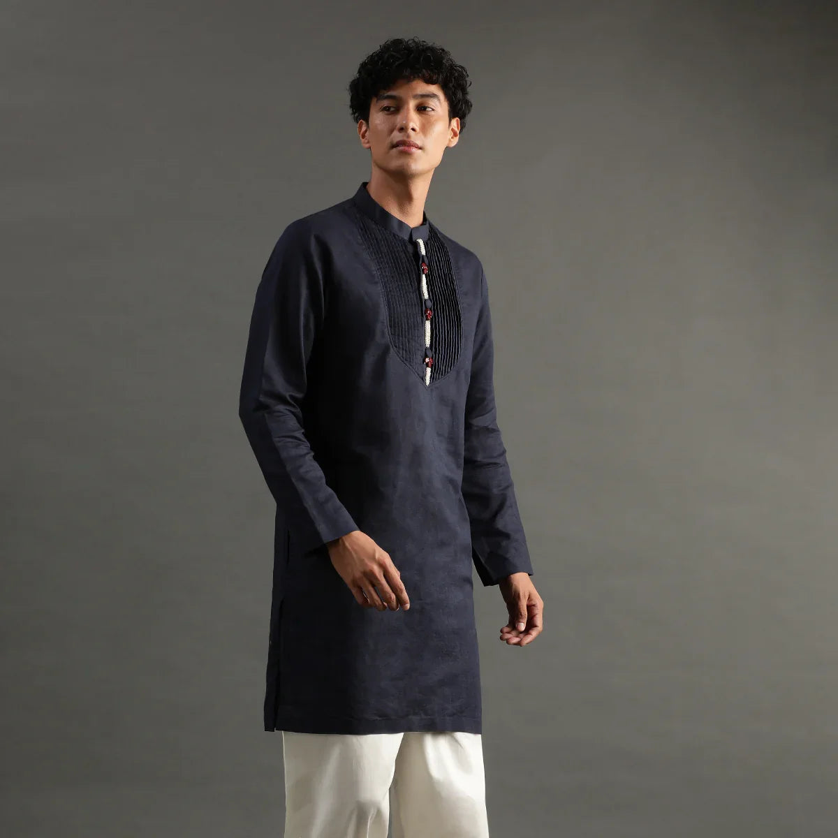 Navy Pintuck Linen Kurta Pyjama Set for Men