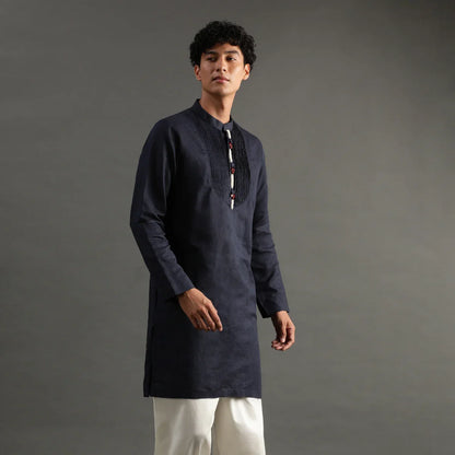 Navy Pintuck Linen Kurta Pyjama Set for Men