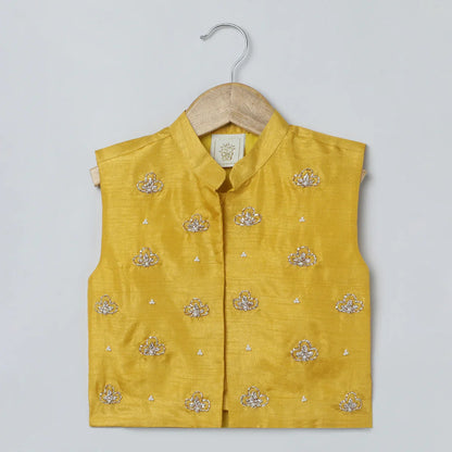 Mustard Yellow Silk Kurta-Pyjama with Embroidered Jacket