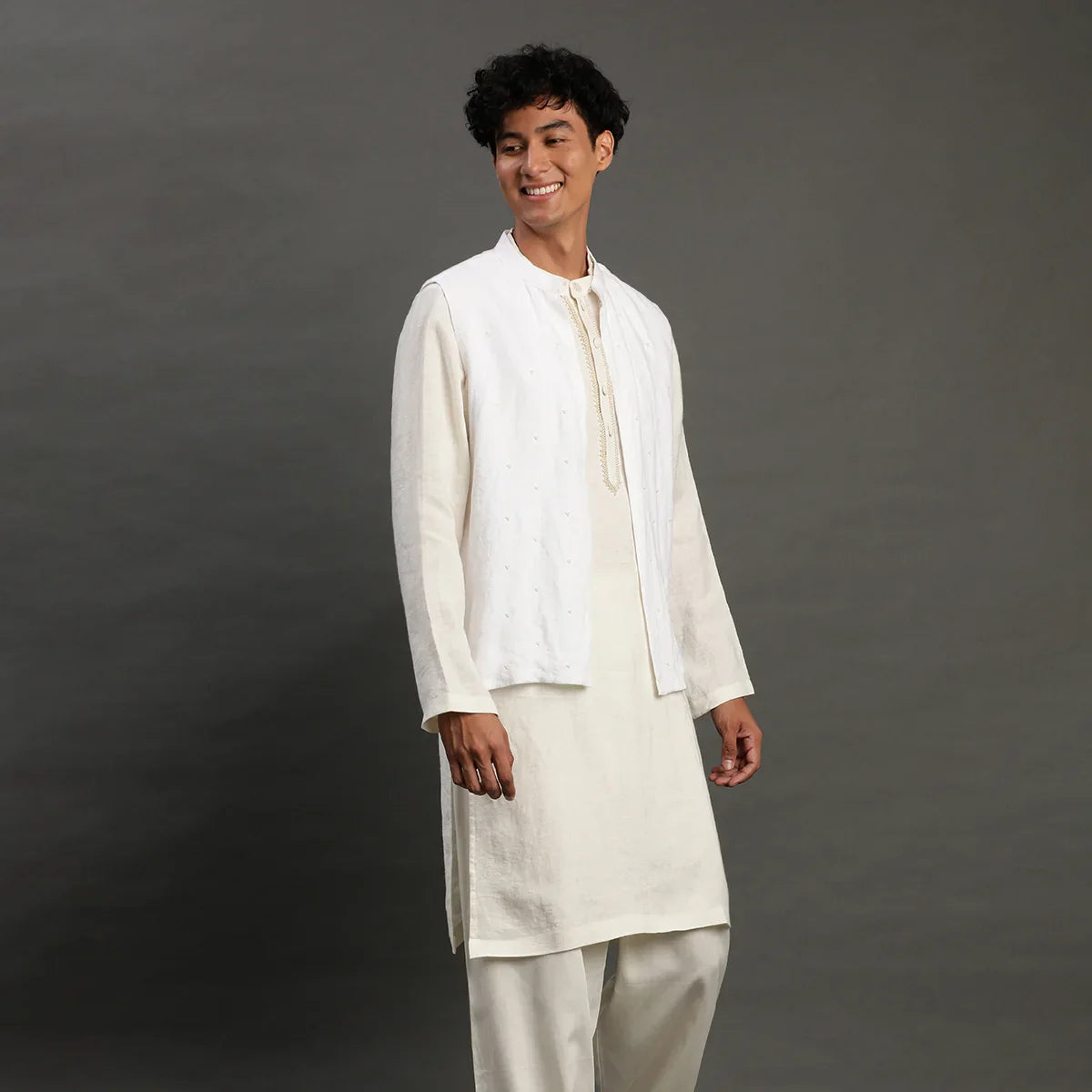 White Linen Kurta Set with Embroidered Jacket