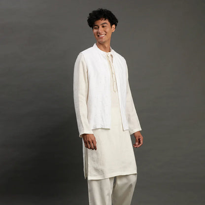 White Linen Kurta Set with Embroidered Jacket
