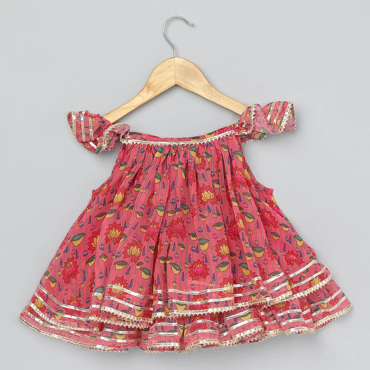 Girls Pink Floral Off-Shoulder Dhoti Set