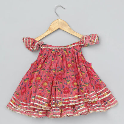 Girls Pink Floral Off-Shoulder Dhoti Set
