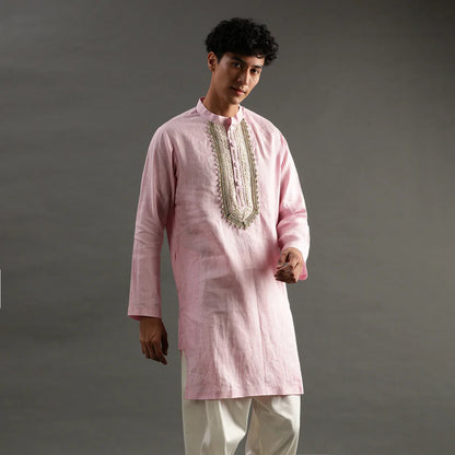 Light Pink Linen Kurta Pyjama Set with Hand Embroidery