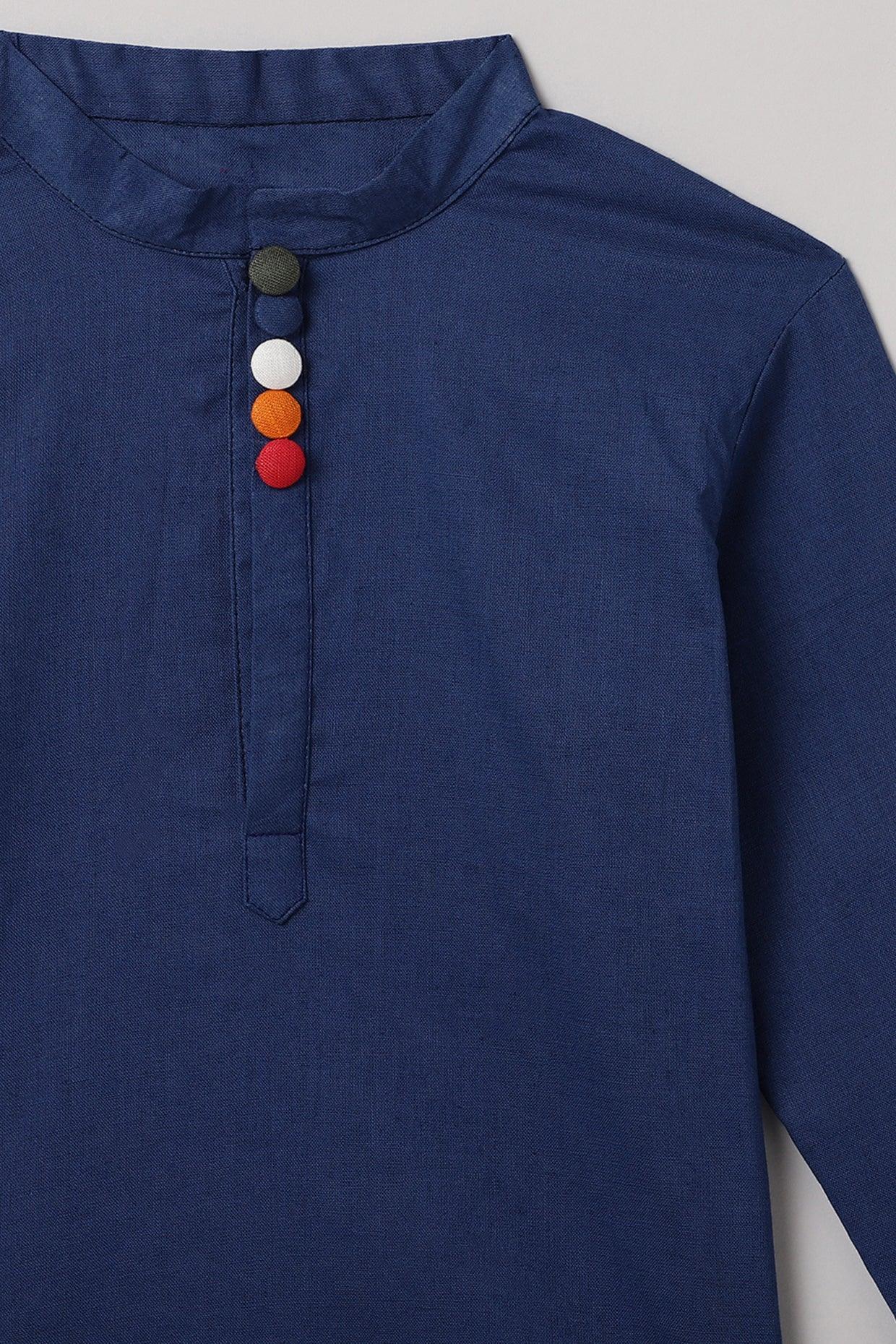 Royal Blue Cotton-Linen Short Kurta with Mandarin Collar