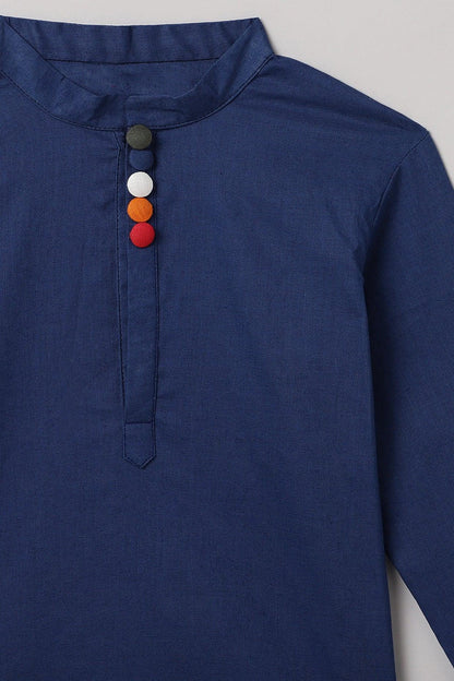 Royal Blue Cotton-Linen Short Kurta with Mandarin Collar
