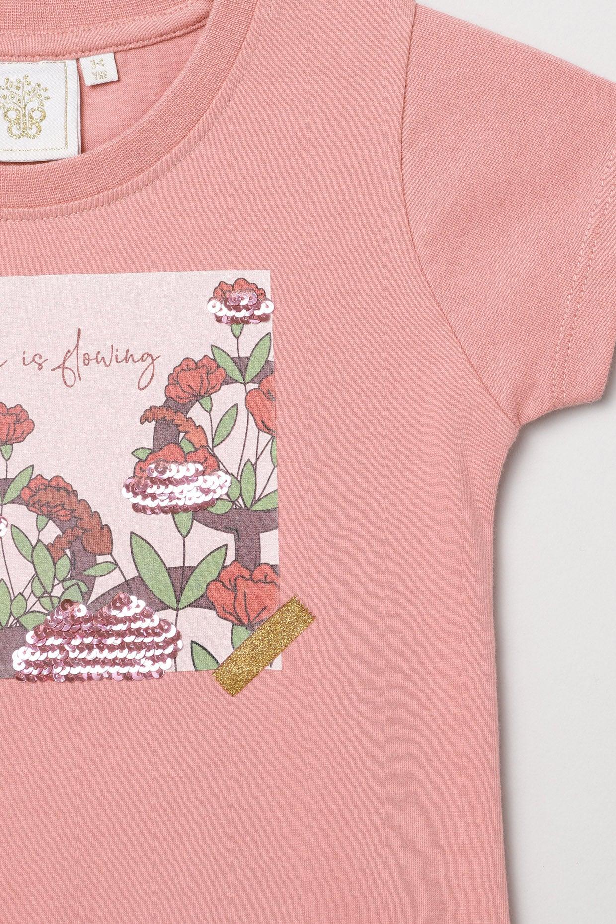 Blush Pink Reversible Sequin Nature Print T-Shirt for Girls