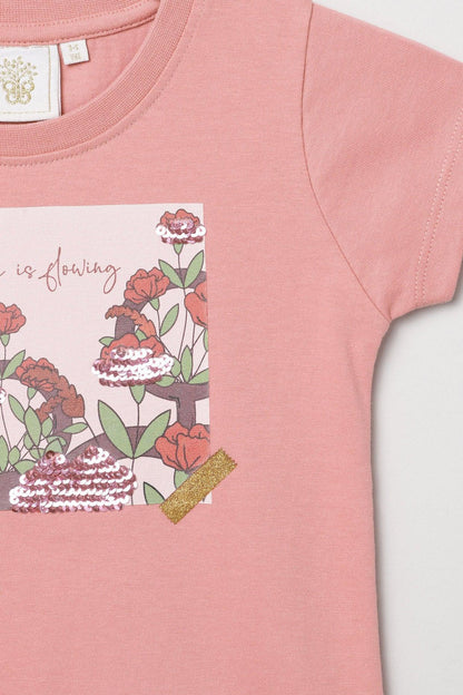 Blush Pink Reversible Sequin Nature Print T-Shirt for Girls