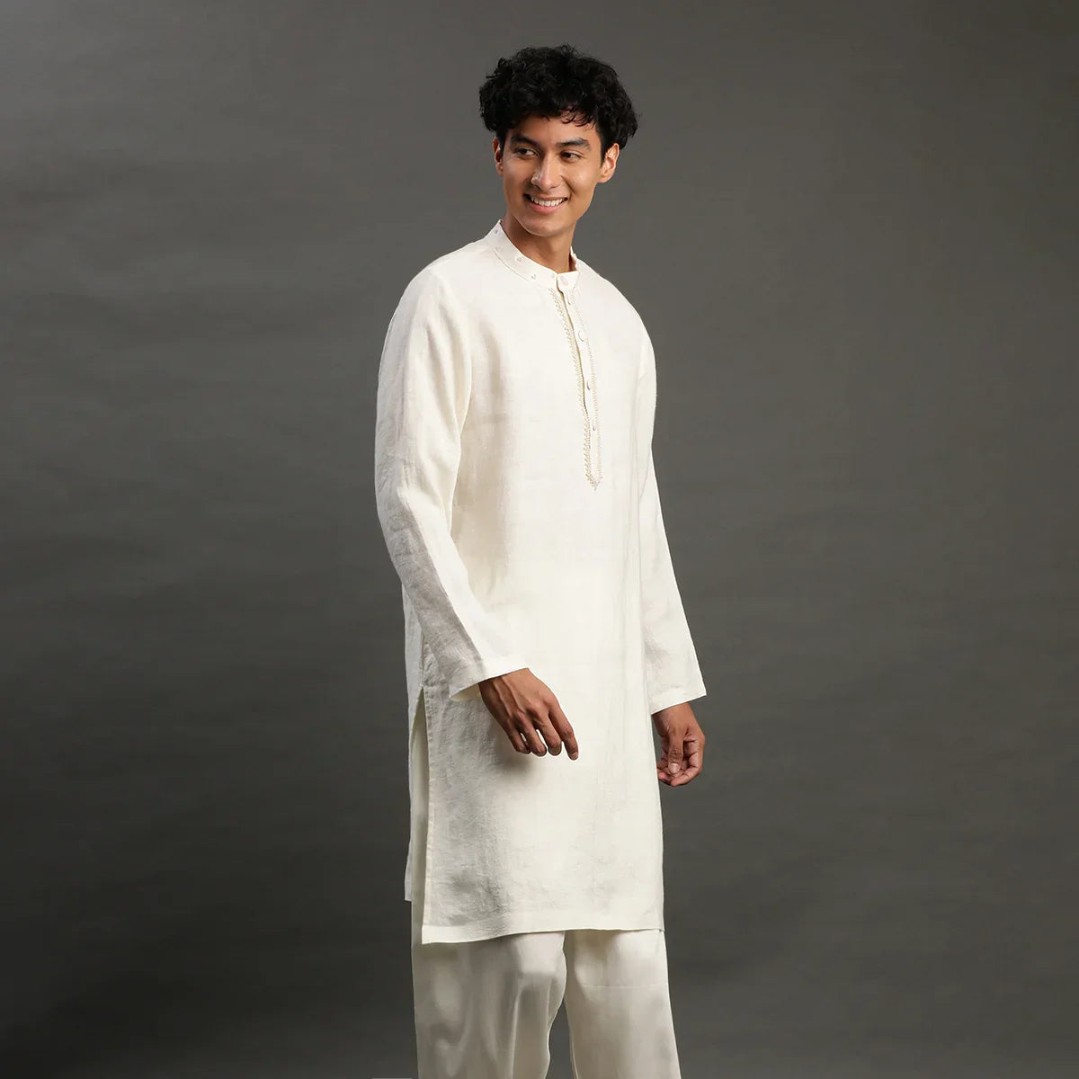 Off-White Linen Kurta Pyjama Set for Men