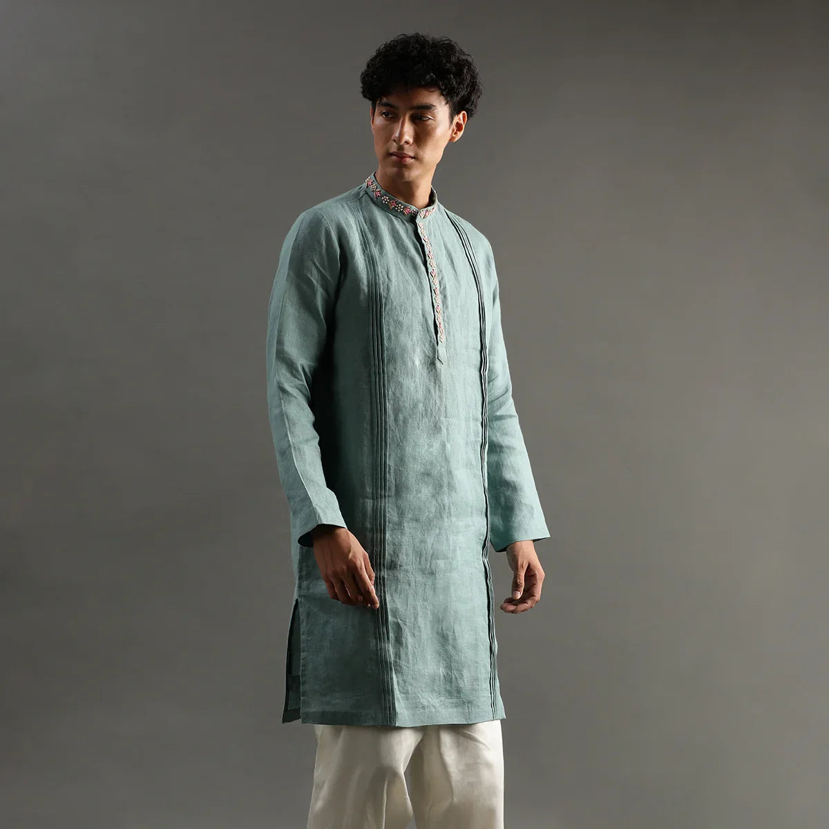 Sage Green Linen Kurta Pyjama Set with Hand Embroidery