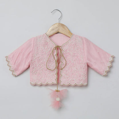 Baby Pink & White Dress with Embroidered Jacket for Girls