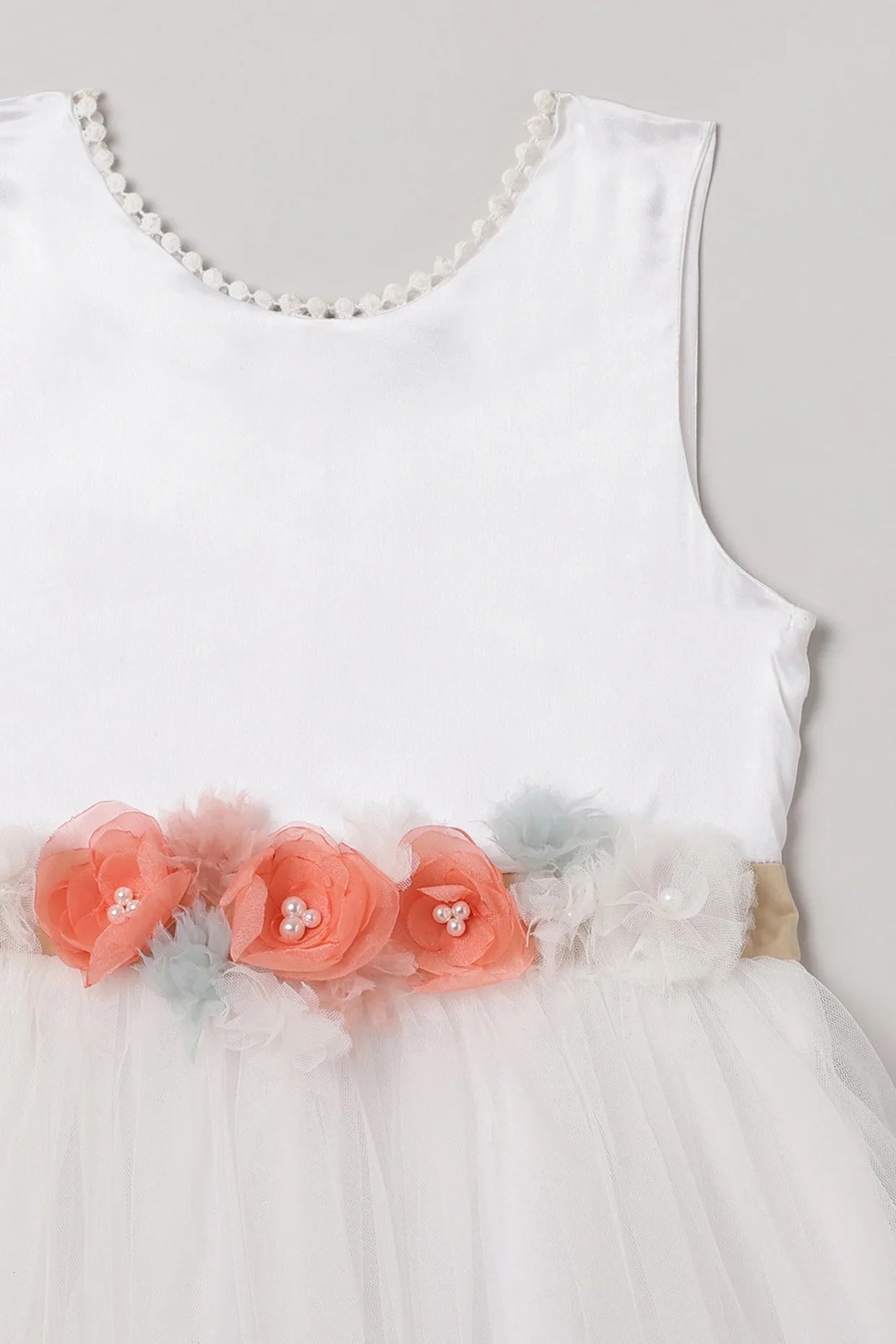 White Satin Party Dress with Pearl Embellishments