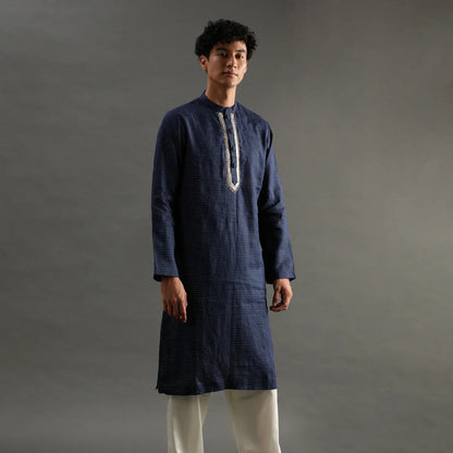 Navy Polka Dot Linen Kurta Pyjama Set for Men