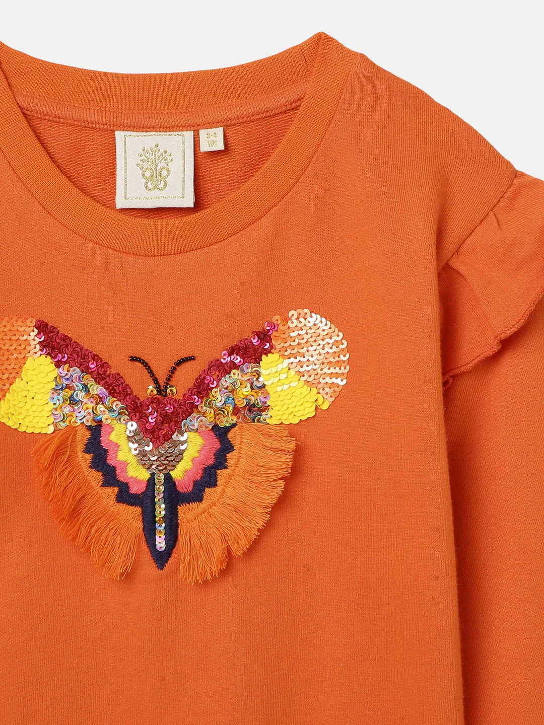 Orange Sweatshirt with Sequin Butterfly Embroidery