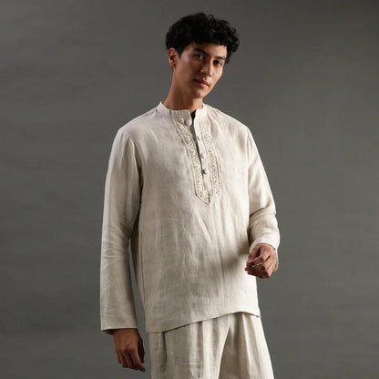 Beige Linen Short Kurta Pyjama Set with Embroidered Placket