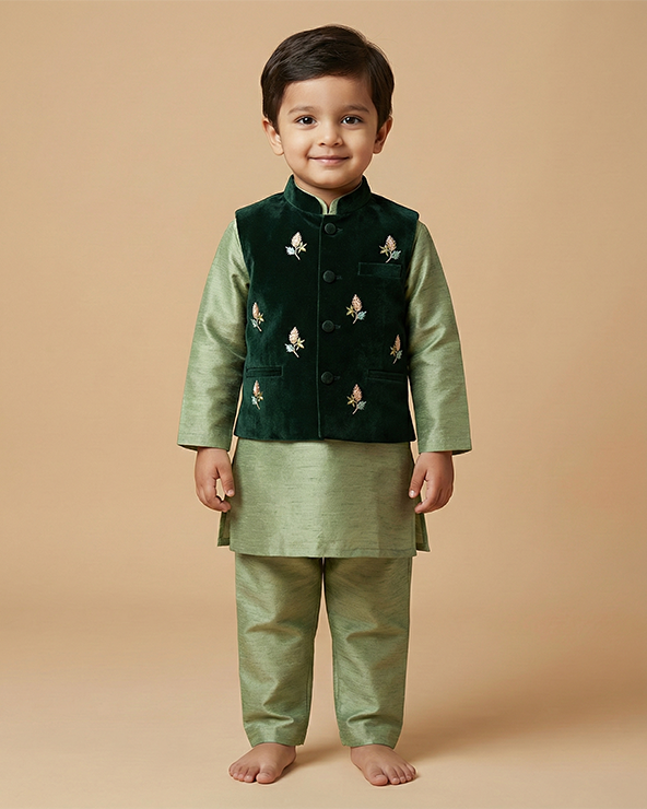 Boy wearing sage raw silk kurta with velvet bandi and cotton pyjama