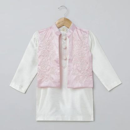 White & Baby Pink Raw Silk Kurta-Pyjama Set for Boys