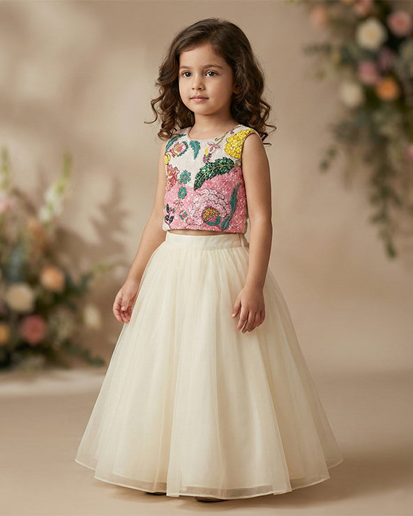 Girls floral embroidered crop top with ivory organza skirt party wear
