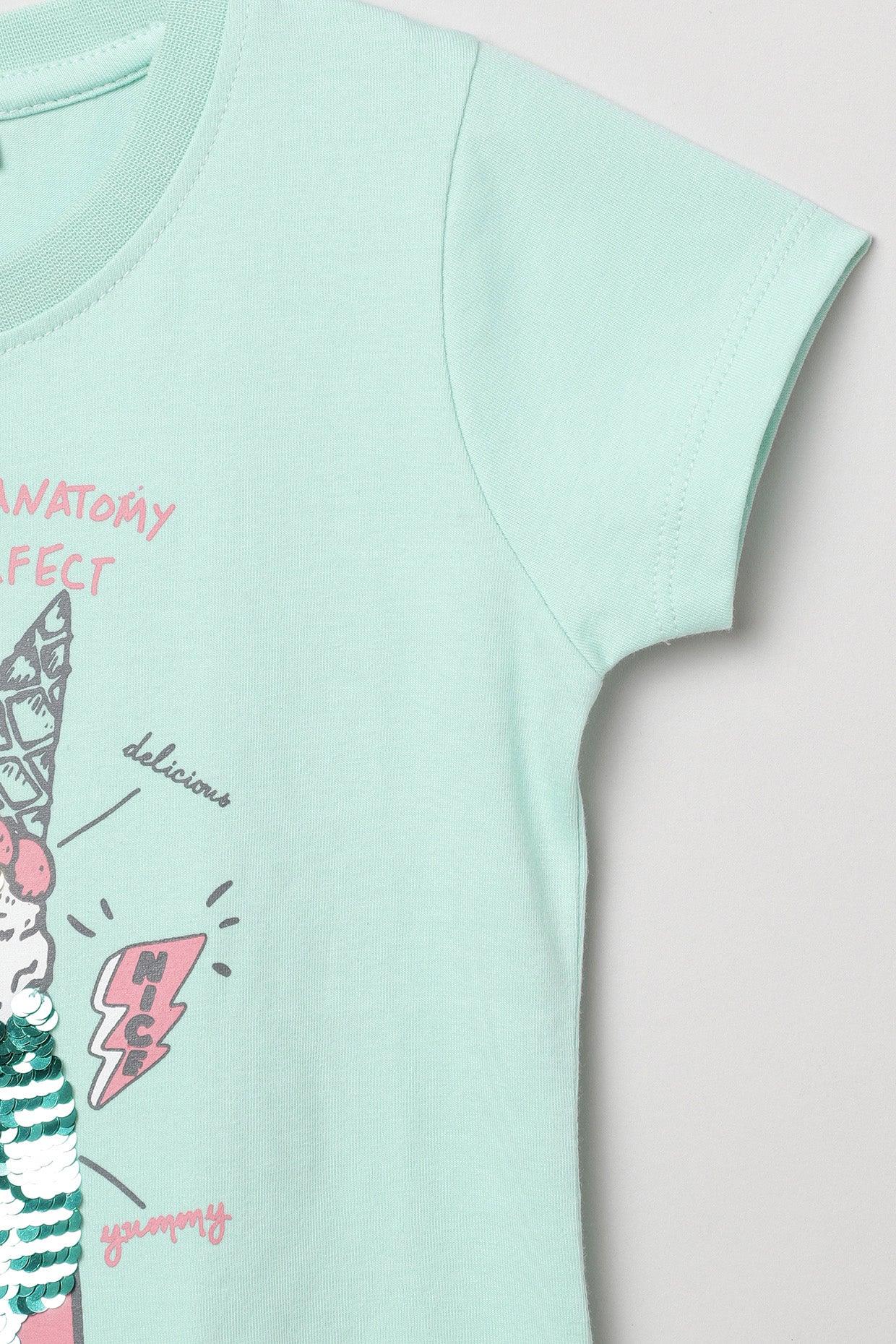 Fresh Teal Reversible Sequin Drink Print T-Shirt for Girls