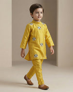 Load image into Gallery viewer, Mustard Yellow Silk Kurta Set for Boys with Lotus Embroidery
