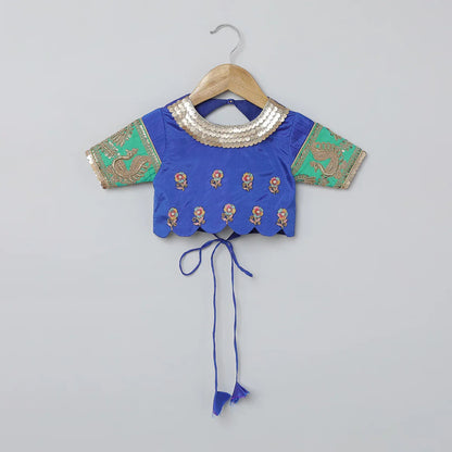 Royal Blue & Green Embroidered Lehenga Choli Set for Girls