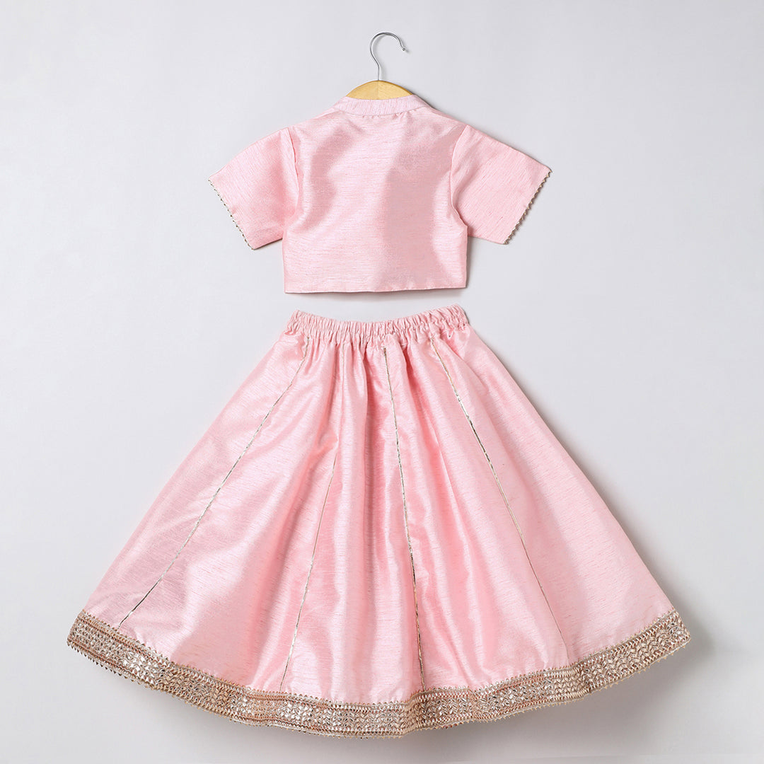 Baby pink raw silk goat work anarkali skirt and top set