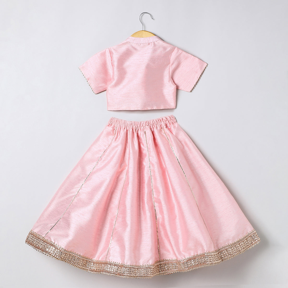 Baby pink raw silk goat work anarkali skirt and top set