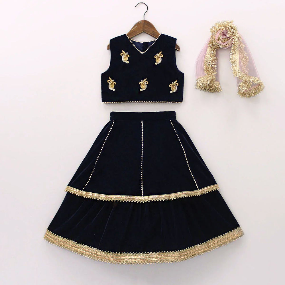 Girls Navy Blue Velvet Lehenga Set with Zardozi Hand Embroidery