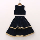 Girls Navy Blue Velvet Lehenga Set with Zardozi Hand Embroidery