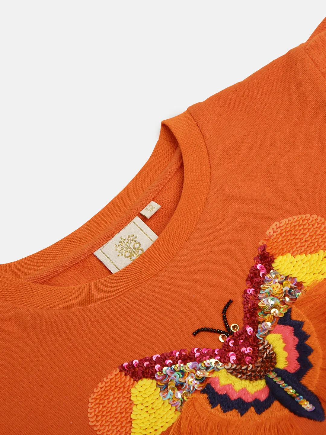 Orange Sweatshirt with Sequin Butterfly Embroidery