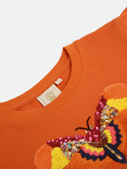 Orange Sweatshirt with Sequin Butterfly Embroidery