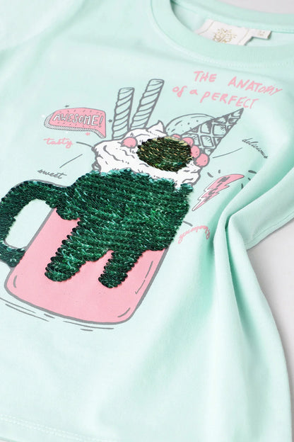 Fresh Teal Reversible Sequin Drink Print T-Shirt for Girls