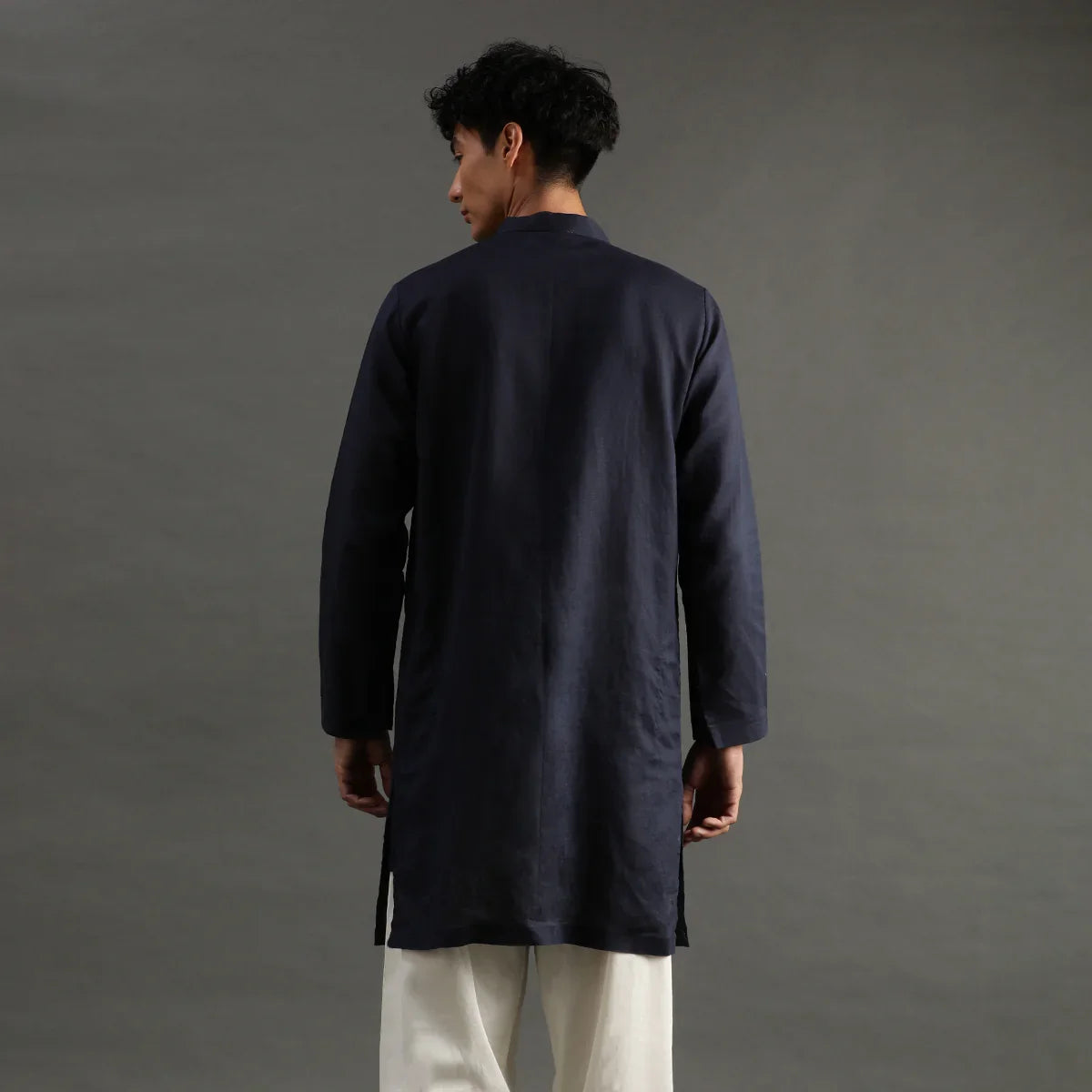 Navy Pintuck Linen Kurta Pyjama Set for Men