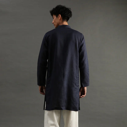 Navy Pintuck Linen Kurta Pyjama Set for Men