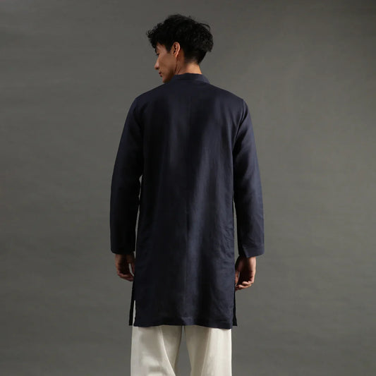 Navy Pintuck Linen Kurta Pyjama Set for Men
