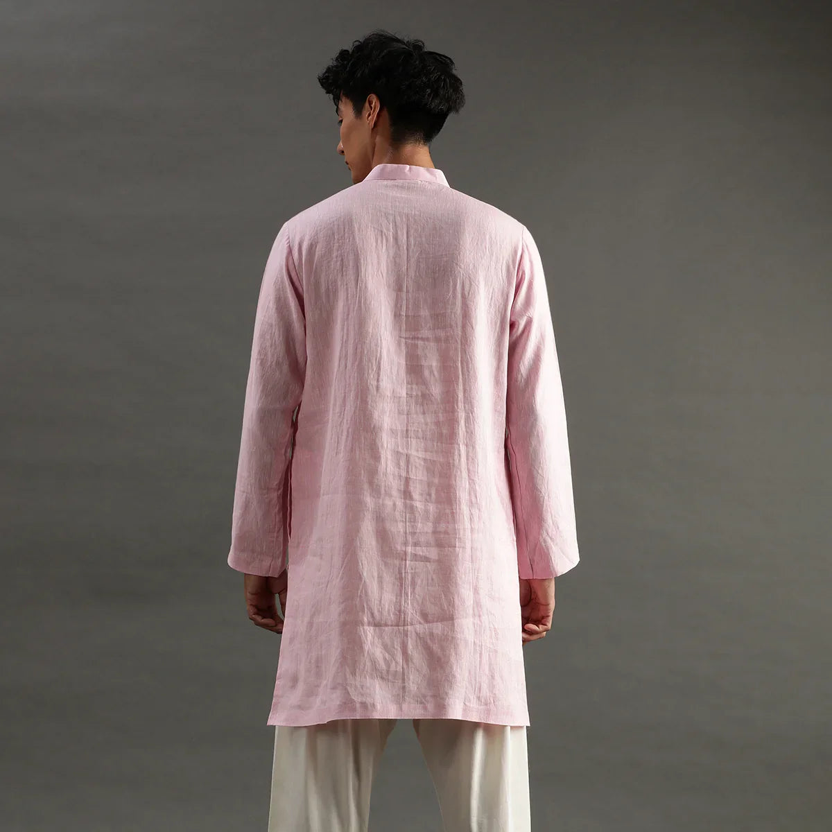 Light Pink Linen Kurta Pyjama Set with Hand Embroidery