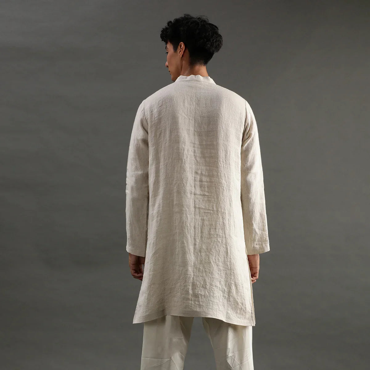 Beige Linen Embroidered Kurta Set with Cotton Pyjama