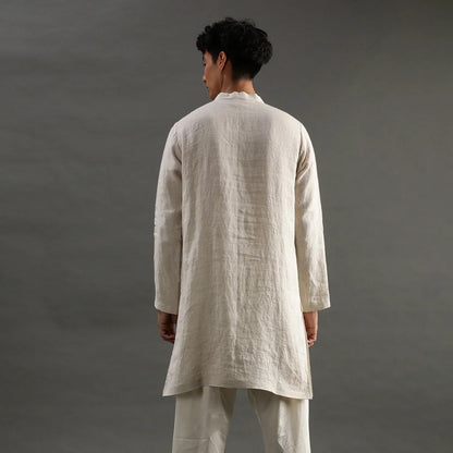 Beige Linen Embroidered Kurta Set with Cotton Pyjama