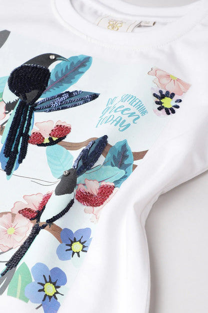 White Bird & Flower Printed T-Shirt with Sequin Detail