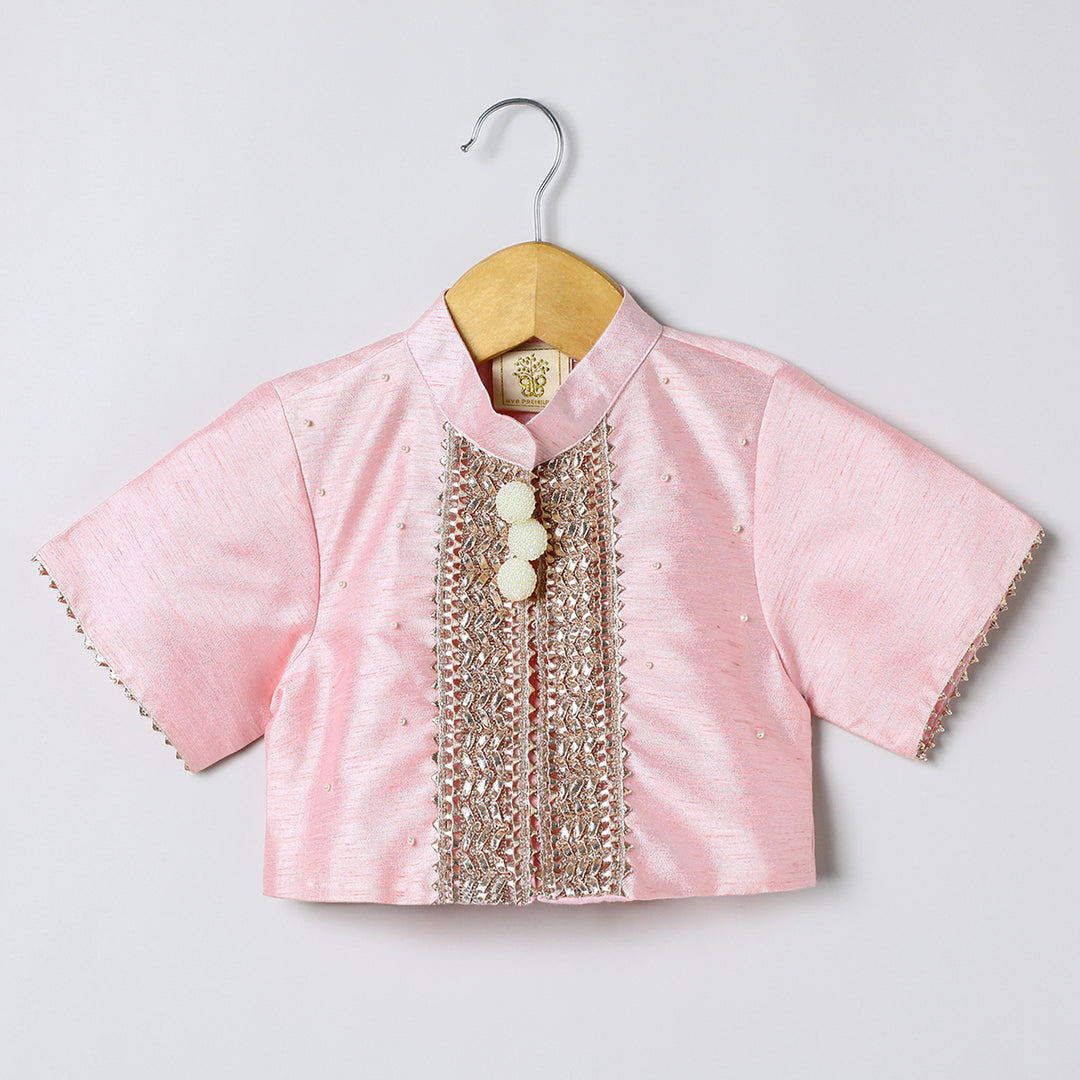 Baby pink raw silk goat work anarkali skirt and top set