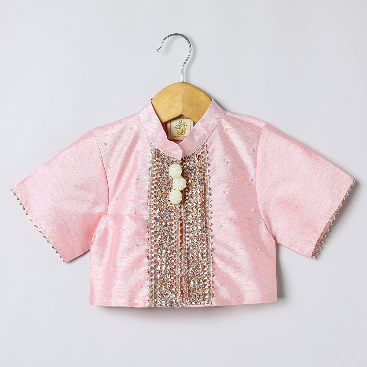 Baby pink raw silk goat work anarkali skirt and top set