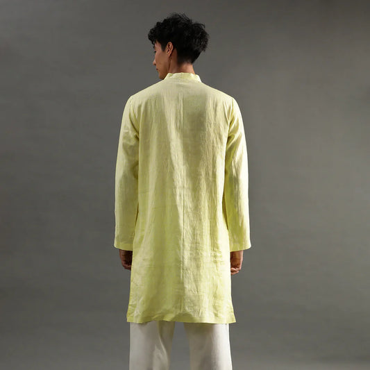 Lime Yellow Linen Kurta Pyjama Set for Men