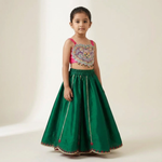 Load image into Gallery viewer, girls embroidered crop top with green lehenga festive wear

