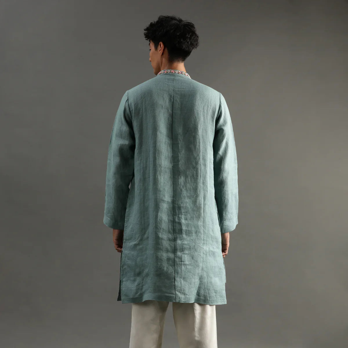 Sage Green Linen Kurta Pyjama Set with Hand Embroidery