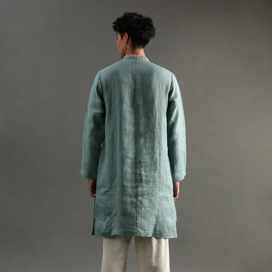 Sage Green Linen Kurta Pyjama Set with Hand Embroidery
