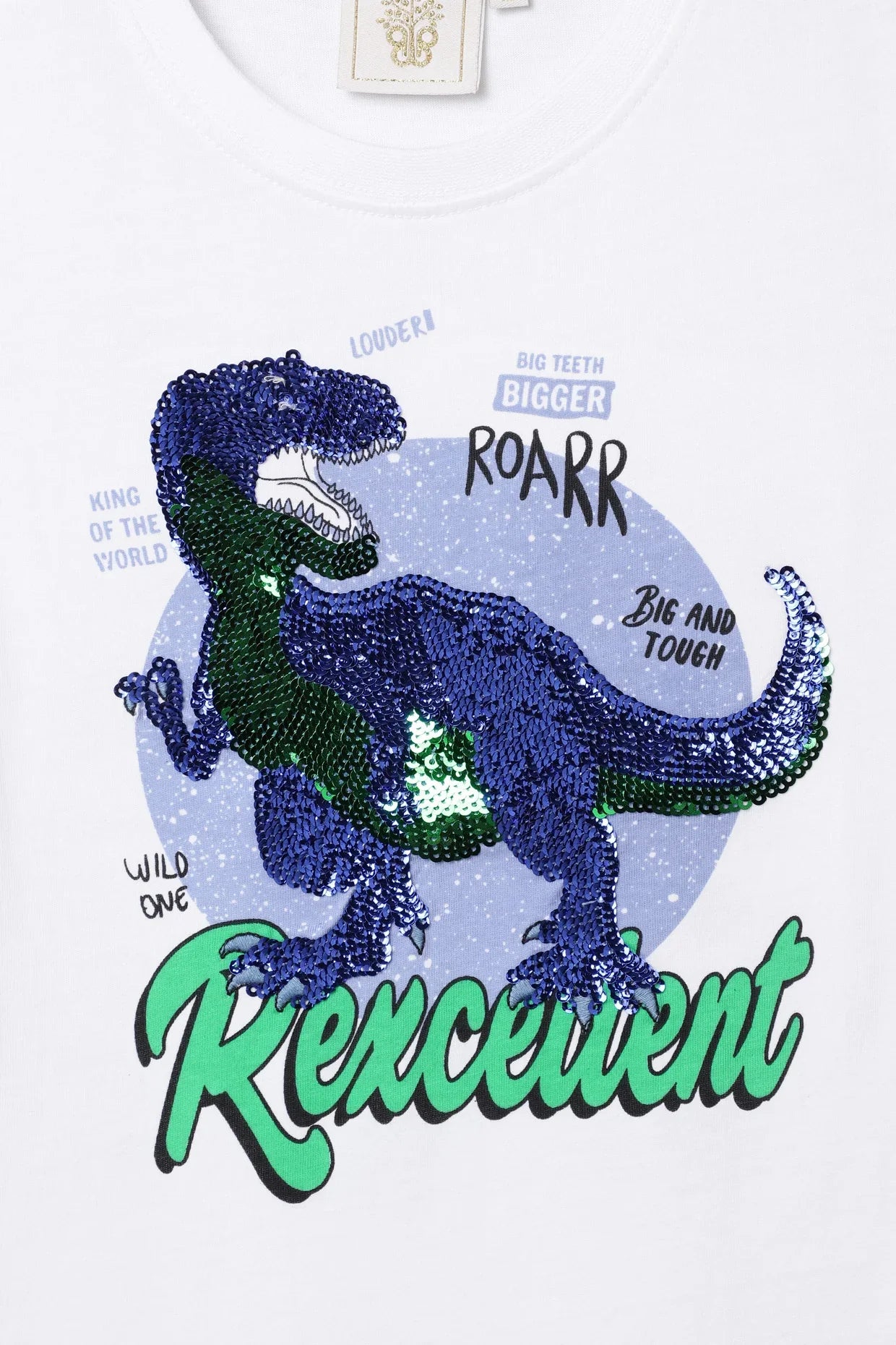 White Sequin Dinosaur Graphic T-Shirt for Kids