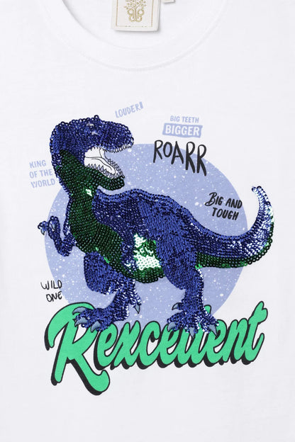 White Sequin Dinosaur Graphic T-Shirt for Kids
