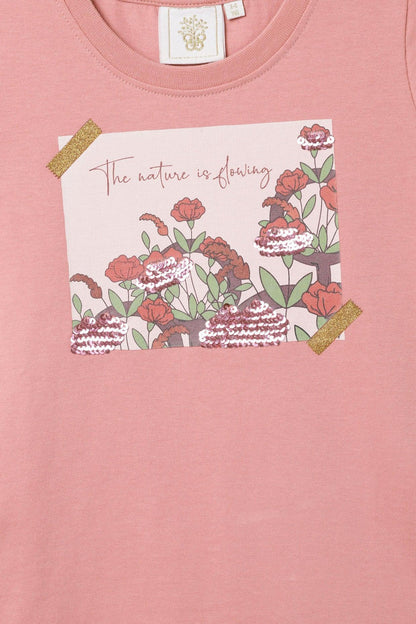 Blush Pink Reversible Sequin Nature Print T-Shirt for Girls